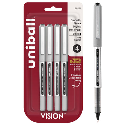 uni-ball Vision Stick Roller Ball Pens, Fine Point, Black Ink, Pack of 4