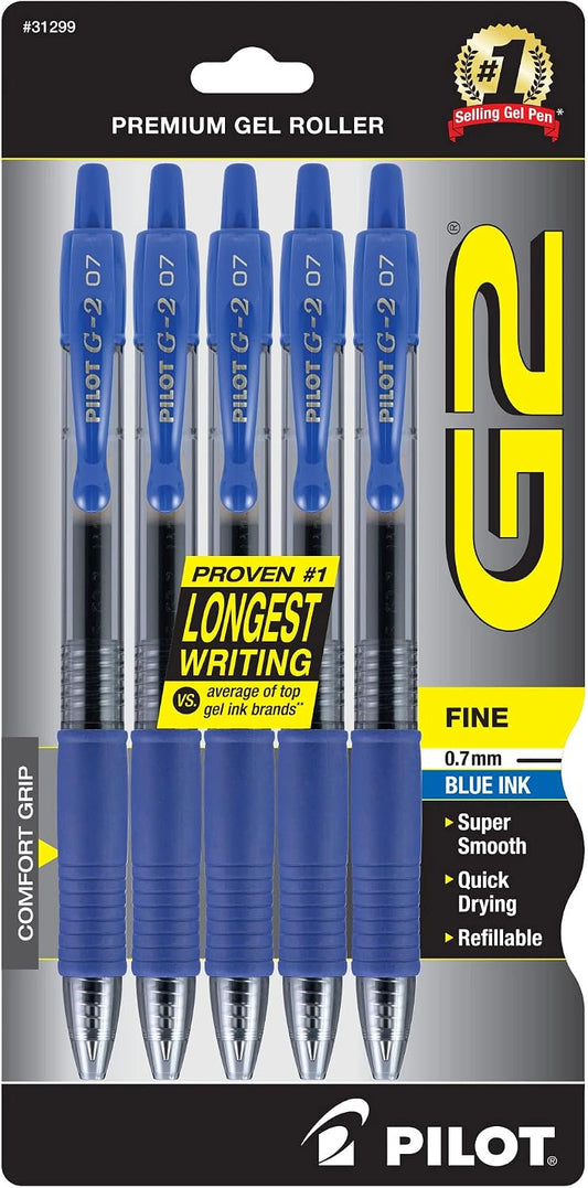 PILOT, G2 Premium Gel Roller Pens, Fine Point 0.7 mm, Blue, Pack of 5