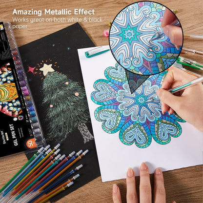 Shuttle Art 50 Pack Metallic Gel Pens, 25 Metallic Gel Pens Set with 25 Refills Perfect for Adult Coloring Books Doodling Drawing Art Markers