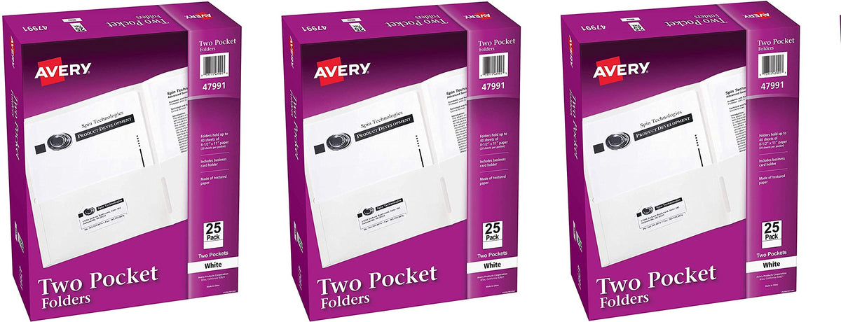 Avery® Two Pocket Folders, Holds up to 40 Sheets, Business Card Slot, 25 White Folders (47991)