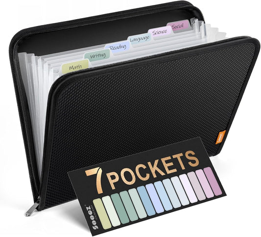 Sooez 7 Pockets Accordion File Organizer, Zipper Expanding File Folder A4