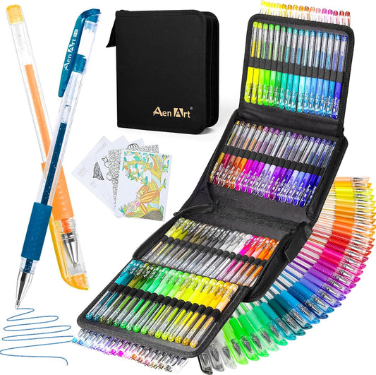 Aen Art Glitter Gel Pens with Case for Adult Coloring Books, 100 Color Glitter Pen Set 30% More Ink Neon Glitter Gel Marker for Journaling Crafting Doodling Drawing