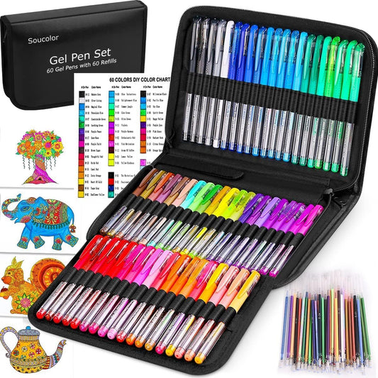 Soucolor 120 Gel Pens for Coloring Set(60 Colored Pens + 60 Refills),Includes Glitter,Metallic,Pastel & Neon Gel Pens with Coloring Sheets for Adult Coloring Books, Journaling, Scrapbooking & Drawing