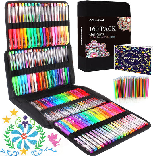 Oficrafted 160 Pack Gel Pens for Adult Coloring Book, 80 Colors Gel Pens Colored with 80 Rifills, Glitter Gel Pens for Artists Drawing & Painting