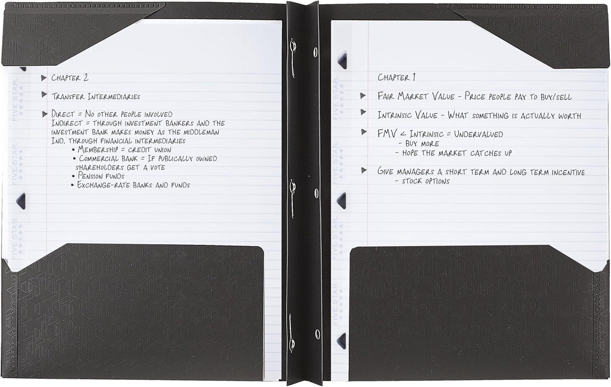 Five Star 2-Pocket Folder, Plastic Folder with Stay-Put Tabs and Prong Fasteners, Holds 8-1/2" x 11" Paper, Black (72113)