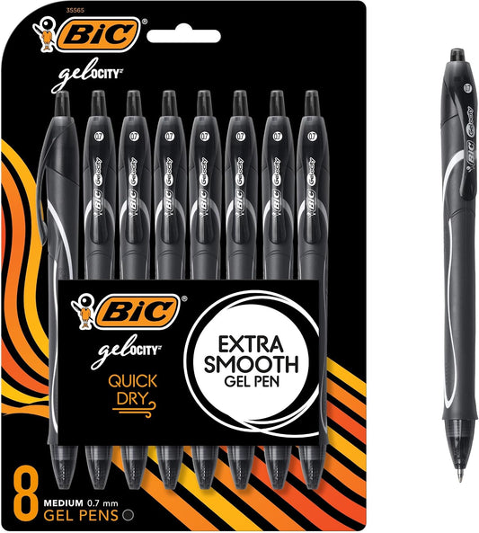 BIC Gelocity Quick Dry Black Gel Pens, Medium Point, 0.7mm, 8-Count Pack