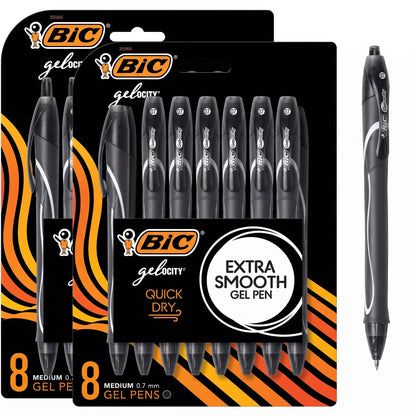 BIC Gelocity Quick Dry Black Gel Pens, Medium Point, 0.7mm, 8-Count Pack