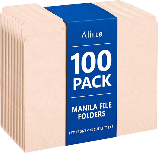 Manilla Folders 8.5 x 11 | 100 Pack Manila File Folders | Heavy Duty Letter Size Paper Folders with 1/3 Cut Tabs | Filing Folders for Office, Business, School & Home