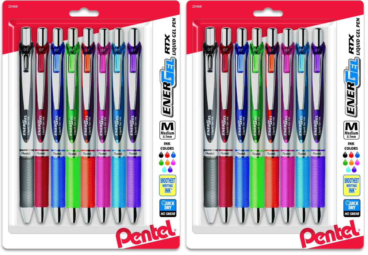 Pentel EnerGel RTX Retractable Liquid Gel Pen, (0.7mm) Metal Tip, Medium Line,Assorted Ink, 8-Pk (BL77BP8M1)