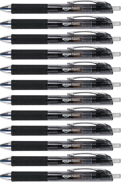 Amazon Basics Retractable Gel Pens, Fine Point 0.7mm, Smooth Writing, Black, No Smudge, School and Office Supplies, 12-Pack