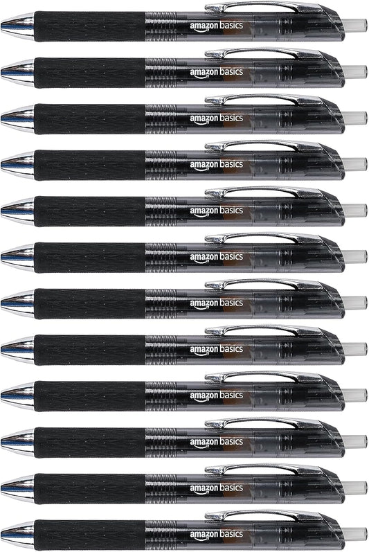 Amazon Basics Retractable Gel Pens, Fine Point 0.7mm, Smooth Writing, Black, No Smudge, School and Office Supplies, 12-Pack