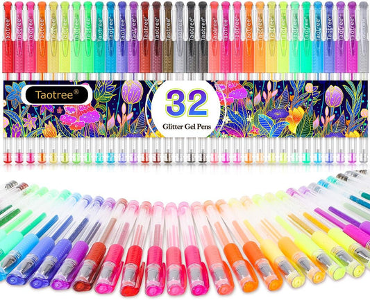 Taotree Glitter Gel Pens, 32 Colors Neon Glitter Pens, Colored Gel Markers