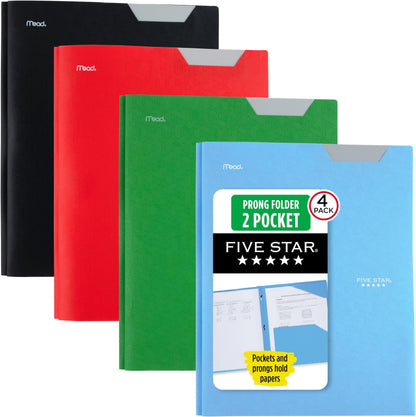 Five Star 2-Pocket Plastic Folder with Stay-Put Tabs and Prong Fasteners, Holds 8.5" x 11" Paper, Assorted Colors, 4 Pack (340300B)