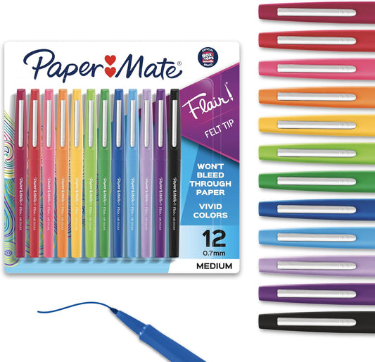 Paper Mate Flair Felt Tip Pens, Medium Point (0.7mm), 12 Count - For Arts & Crafts, Note-Taking, Journaling, School Supplies for Teachers & Students