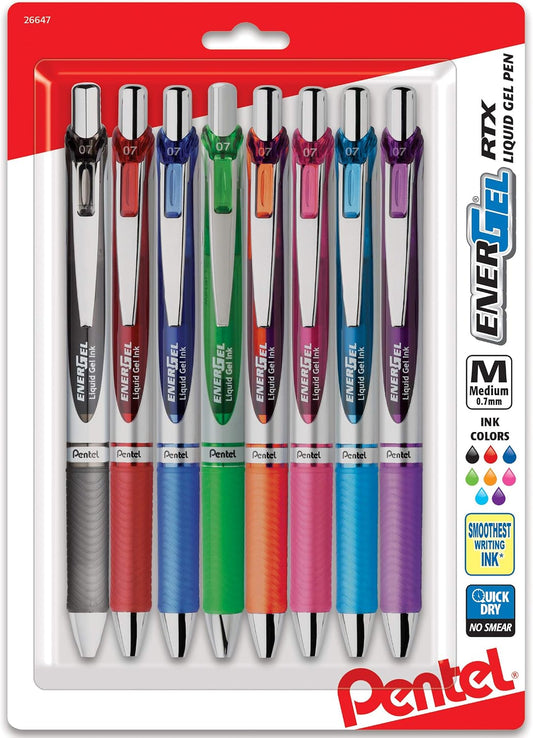 Pentel EnerGel RTX Retractable Liquid Gel Pen, (0.7mm) Metal Tip, Medium Line,Assorted Ink, 8-Pk (BL77BP8M1)