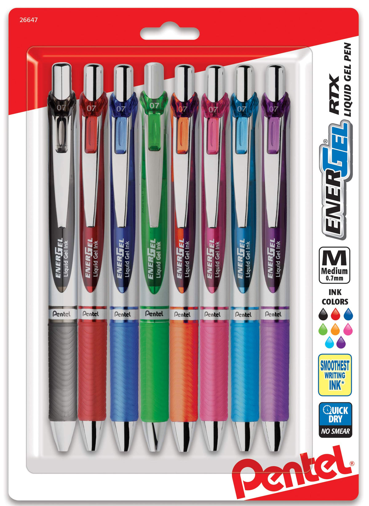 Pentel EnerGel RTX Retractable Liquid Gel Pen, (0.7mm) Metal Tip, Medium Line,Assorted Ink, 8-Pk (BL77BP8M1)