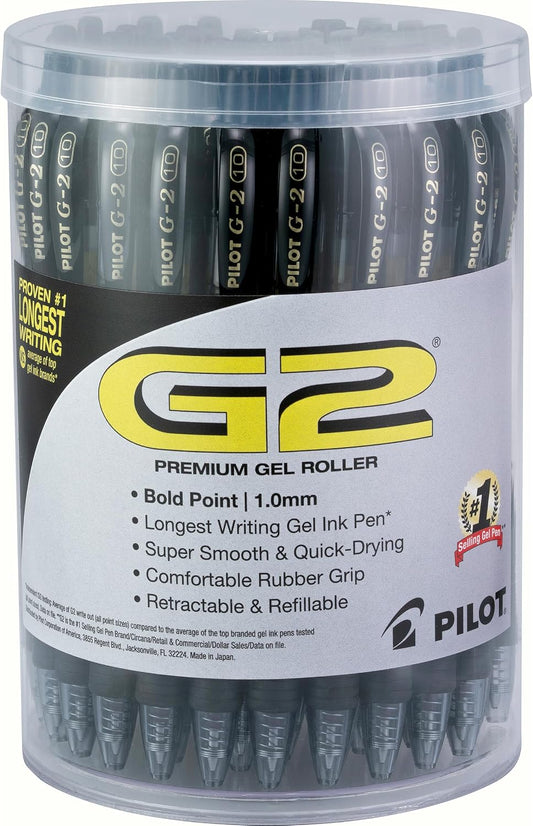 PILOT, G2 Premium Gel Roller Pens, Bold Point 1 mm, Tub of 48, Black