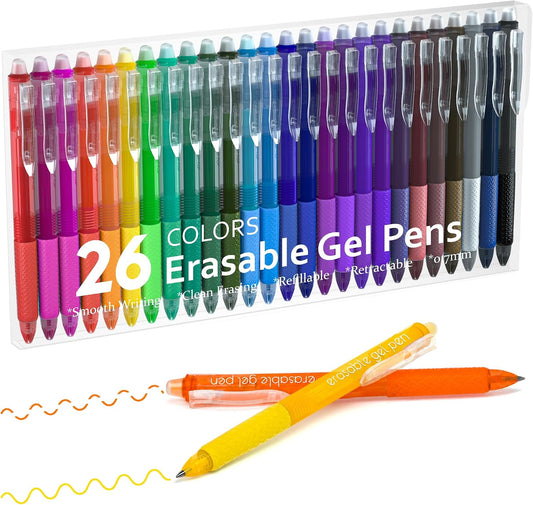 Lineon Erasable Gel Pens, 26 Colors Retractable Erasable Pens Clicker for Back to School, Fine Point, Make Mistakes Disappear, Assorted Color Inks for Drawing Writing Planner and Crossword Puzzles