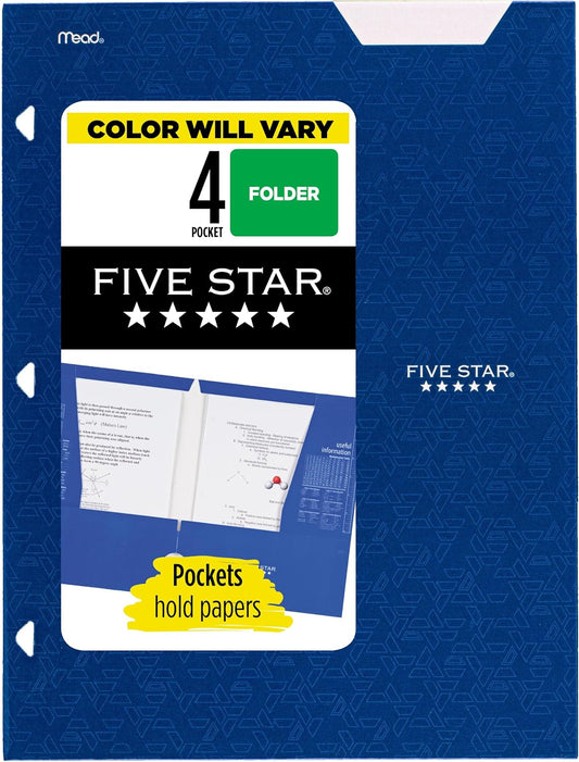Five Star 4-Pocket Folder, 12.5" x 9.5", Holds Letter Size Paper, 1 Count, Color Selected for You (33106)