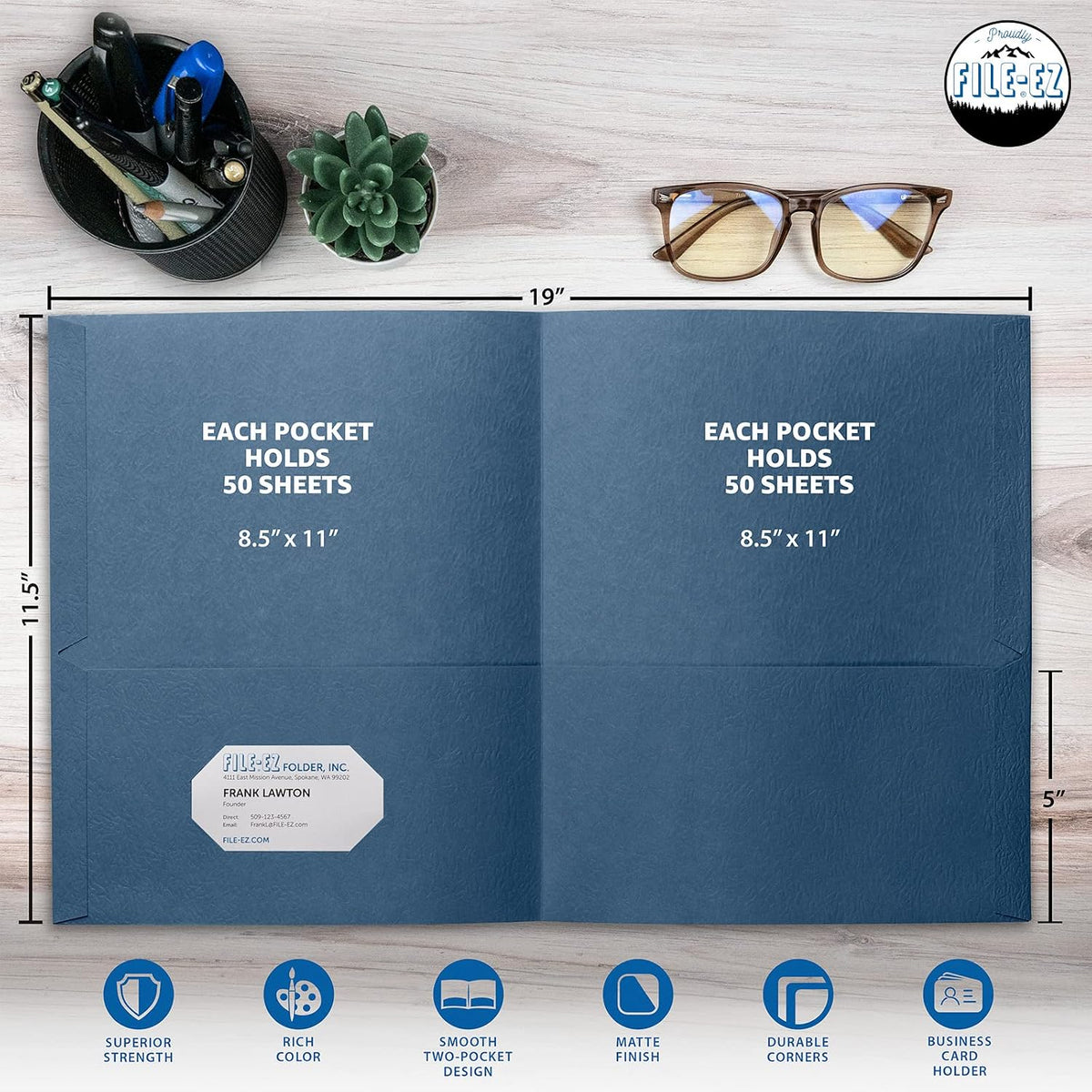 FILE-EZ Two-Pocket Folders, Navy Dark Blue, 25-Pack, Textured Paper, Letter Size (EZ-32523)