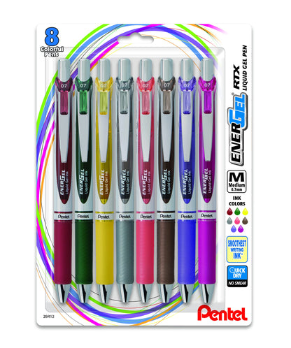 Pentel EnerGel RTX Retractable Liquid Gel Pen, (0.7mm) Metal Tip, Medium Line,Assorted Ink, 8-Pk (BL77BP8M1)