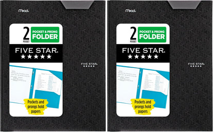 Five Star 2-Pocket Folder, Plastic Folder with Stay-Put Tabs and Prong Fasteners, Holds 8-1/2" x 11" Paper, Black (72113)