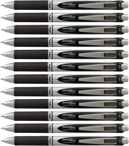 Pentel EnerGel RTX Retractable Liquid Gel Pen, (0.7mm) Medium Line, Metal Tip, Black Ink, Box of 12 (BL77-A)
