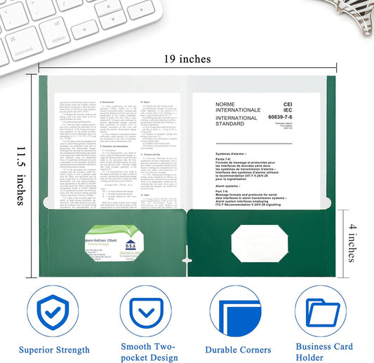 Zzrywuty File folders with Pockets,Green Two folders for documents,50 Pack Paper Folders with Card Slot,Letter Size,School Students,Business,Home and Office Workers