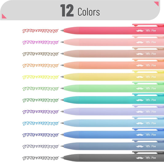 Mr. Pen- Retractable Gel Pens, 12 Pack, Colorful Ink, Fine Point 0.7mm