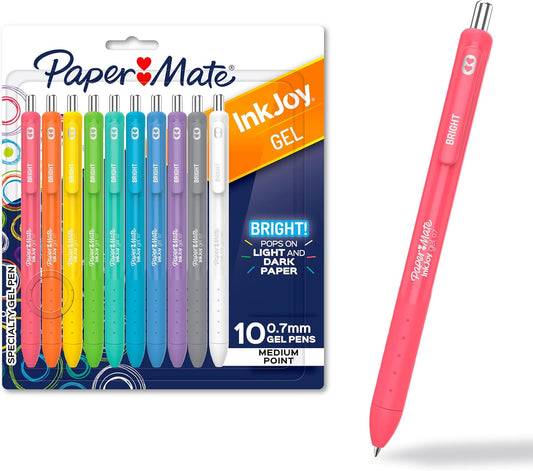 Paper Mate InkJoy Gel Bright Pens, Medium Point (0.7mm), Retractable, Assorted Brighter Colors, 10 Count - Colorful Office Supplies, Journaling, Doodling
