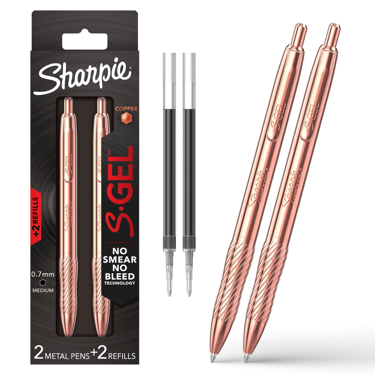 Sharpie S-Gel Pens, Copper Metal Body, Medium Point (0.7mm), Black Gel Ink, Includes 2 Pens and 2 Additional Ink Refills