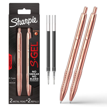 Sharpie S-Gel Pens, Copper Metal Body, Medium Point (0.7mm), Black Gel Ink, Includes 2 Pens and 2 Additional Ink Refills