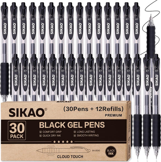 Black Gel Pens Bulk 42Pack (30 Pens + 12 Refills) 0.7mm Fine Point