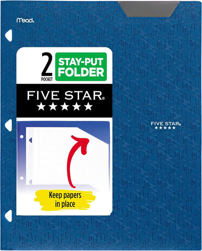 Five Star 2-Pocket Folder, Plastic Folder with Stay-Put Tabs, Fits 3-Ring Binder, Holds 8-1/2" x 11" Paper, Pacific Blue (333420C-ECM)